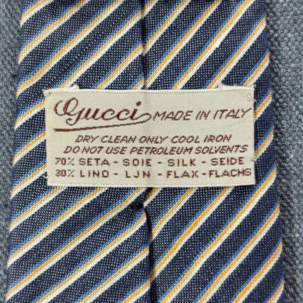 Vintage Gucci Mens Silk Linen Striped Necktie Blue Yellow Made in Italy